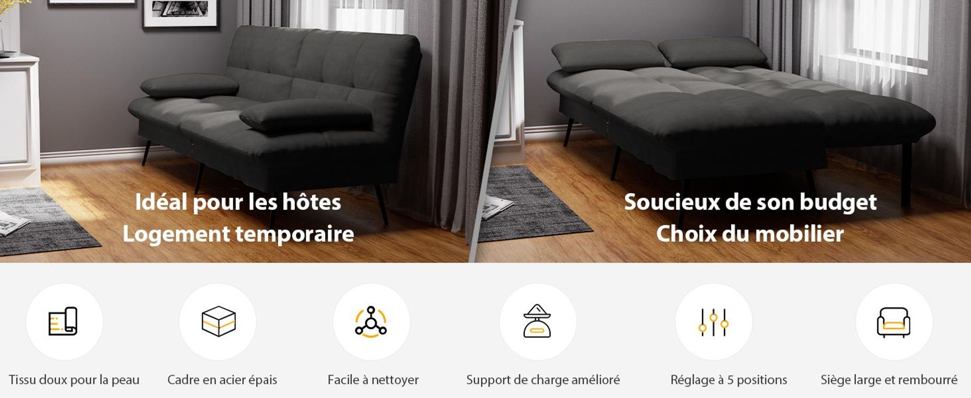 COMHOMA Canapé convertible avec fonction sommeil, housse Futon Canapé pliant, canapé-lit, canapé d'angle, canapé-lit d'appoint, canapé 3 places, avec dossier réglable en tissu, noir
