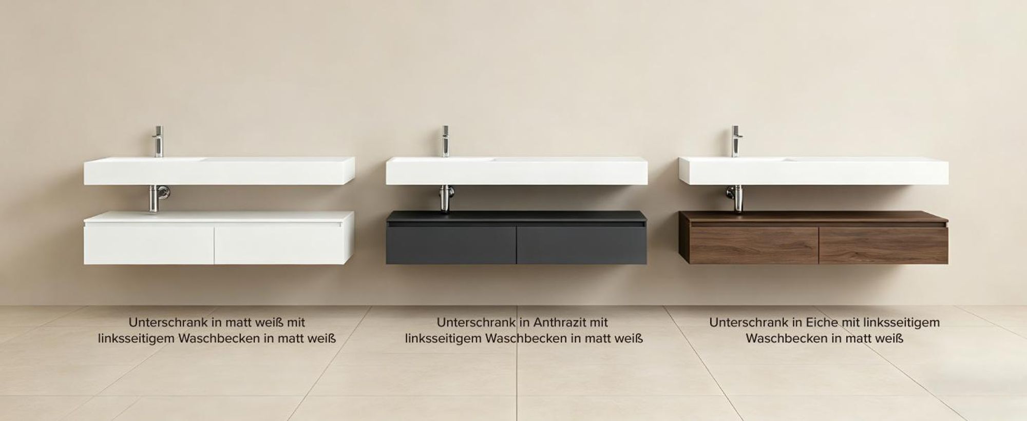 doporro Waschbecken-Unterschrank Badmöbel-Set in matt Anthrazit Design Waschplatz 150x48x25cm Badzimmerschrank inkl. Weiß mattMinralguss-Waschbecken UP