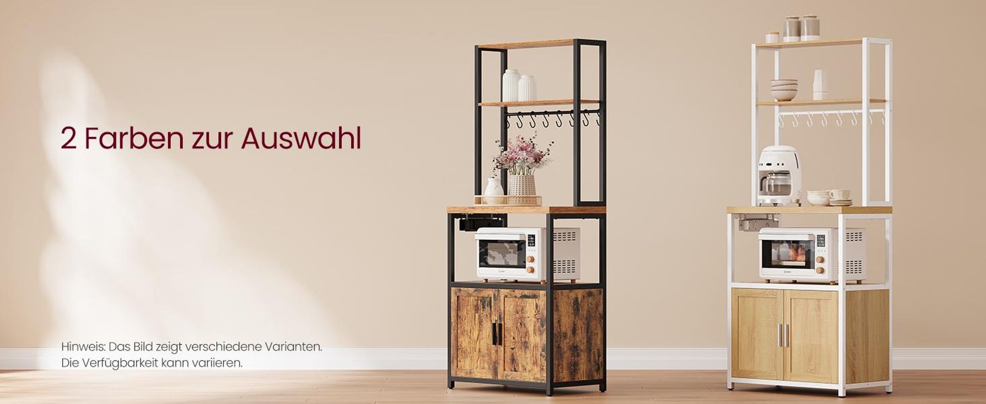 Küchenregal mit Steckdosen, Küchenschrank, 90 cm hoher Arbeitsplatte, Standregal mit 8 Haken, goldeichenfarben-wolkenweiß