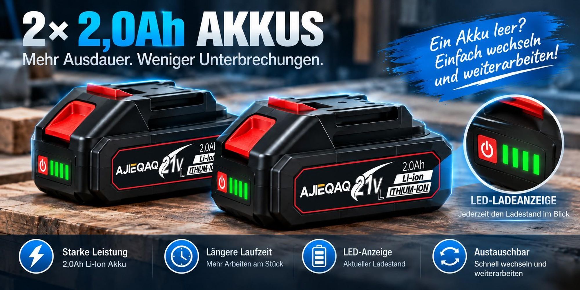 Akku-Säbelsäge 21V, 0–3000 Hübe/min, 13 mm Hub, 2×2,0Ah Akkus, LED, 4 Sägeblätter, Koffer