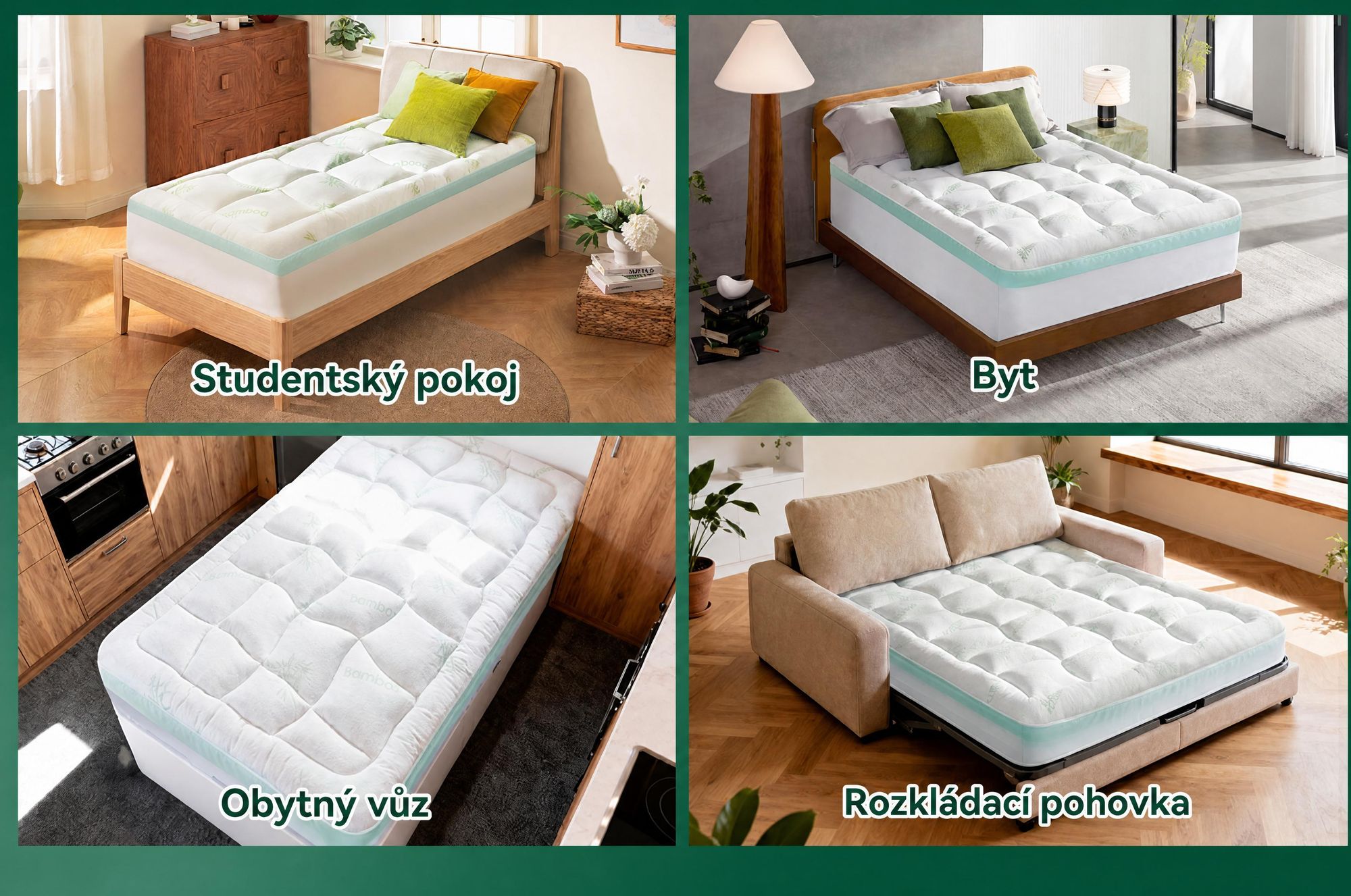 NicePlus, vrchní matrace 2 v 1, 90x200x7 cm, pěna s paměťovou vlastností (5 zón) + vrchní vrstva z bambusu, s gumovými rohy pro všechny typy matrací, tvrdost H2/H3, zelená barva