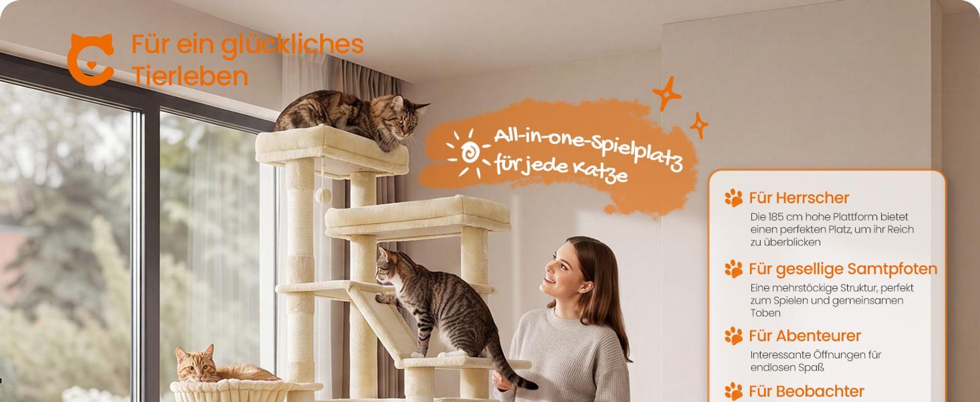FEANDREA Kletterbaum für Katzen, extra groß, stabiler Katzenkratzbaum mit Kratzsäulen, Plüsch, für große Katzen, beige