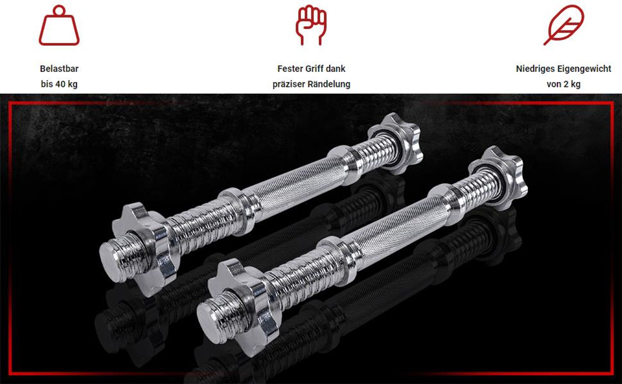 Miweba Sports KH100 | Kurzhantel Stange mit Sternverschluss - 35cm, Ø30mm - Bis 40 Kg pro Stange - Hantel Stange - guter Grip - Ohne Gewicht (2er Set)
