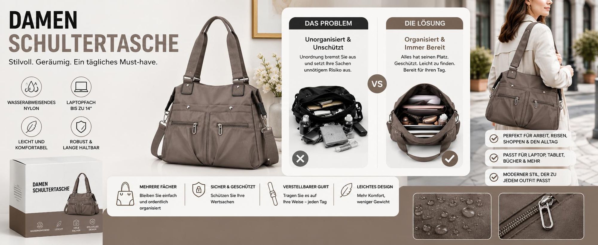 Wasserabweisende Damen Handtasche mit abnehmbaren Schulterriemen, Schultertasche für Damen - BAGVIA Braun