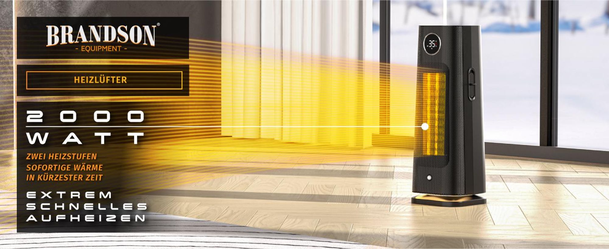 Brandson Keramik Heizlüfter 2000 W mit Bewegungssensor, 2000 Watt und zwei Heizstufen