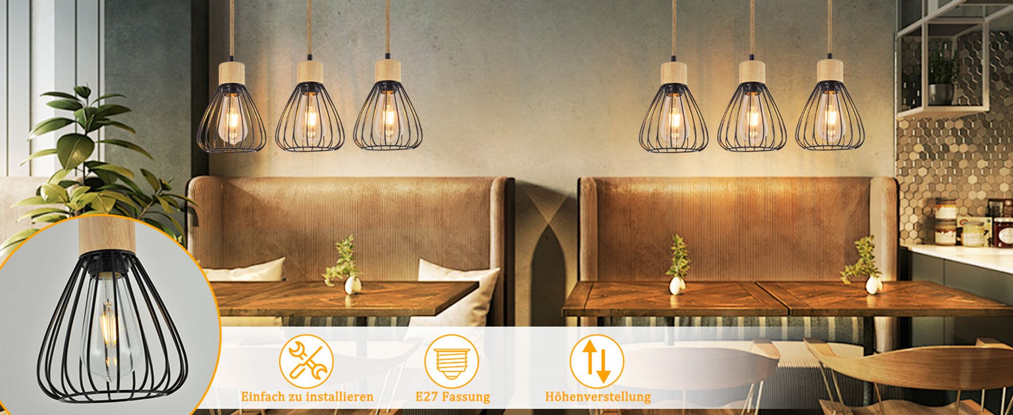 ZMH Hängelampe Vintage Pendelleuchte Esstisch Esstischlampe Schwarz Esszimmer 3 Flammig Hängeleuchte Metall Retro Hanfseil aus Holz Industrial E27 Pendellampe für Wohnzimmer ohne Leuchtmittel
