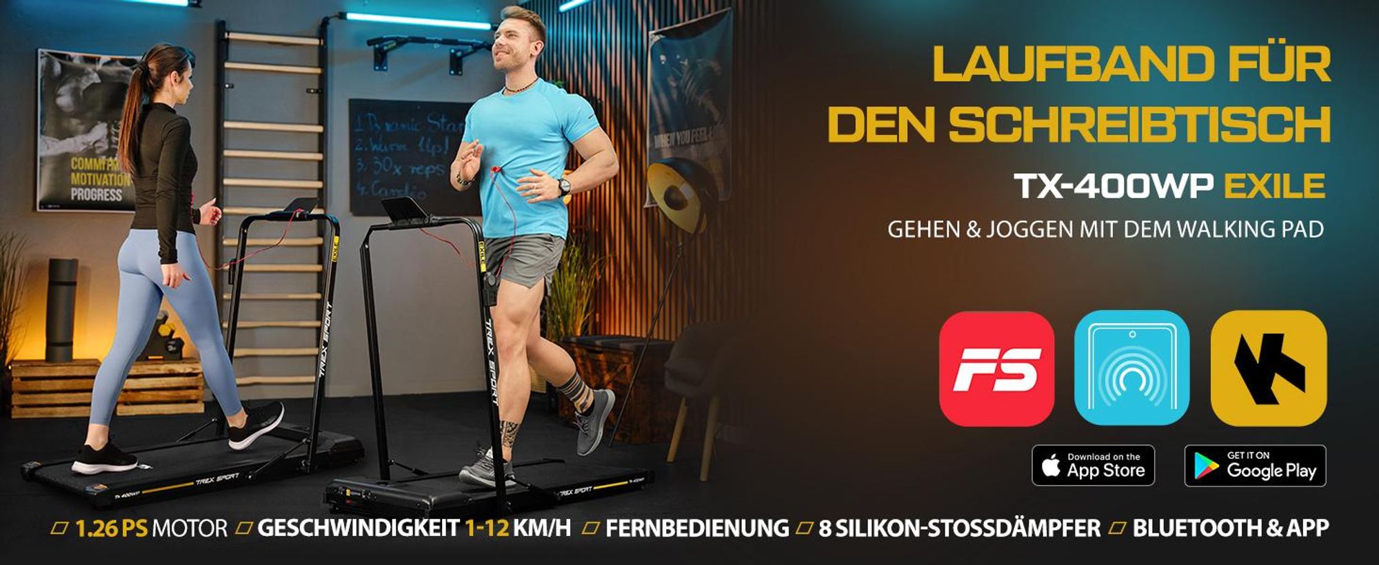 TREX SPORT Laufband für Zuhause klappbar elektrisch TX-400WP EXILE | Home-Office Walking Pad LED-Anzeige mit Bluetooth, bis 12 km/h, leiser Motor