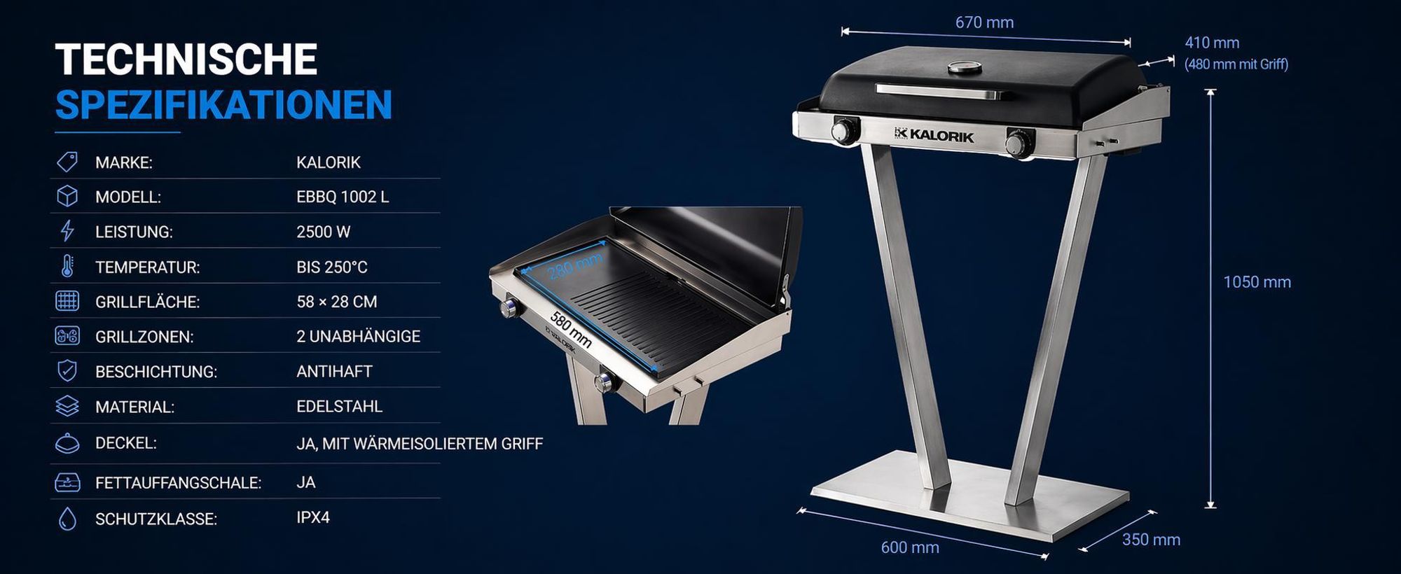 KALORIK Elektrogrill inkl. Abdeckung Edelstahl Gartengrill Barbecue-Grill Standgrill 2500W – XXL-Grillplatte 2 Zonen 58 cm IPX4