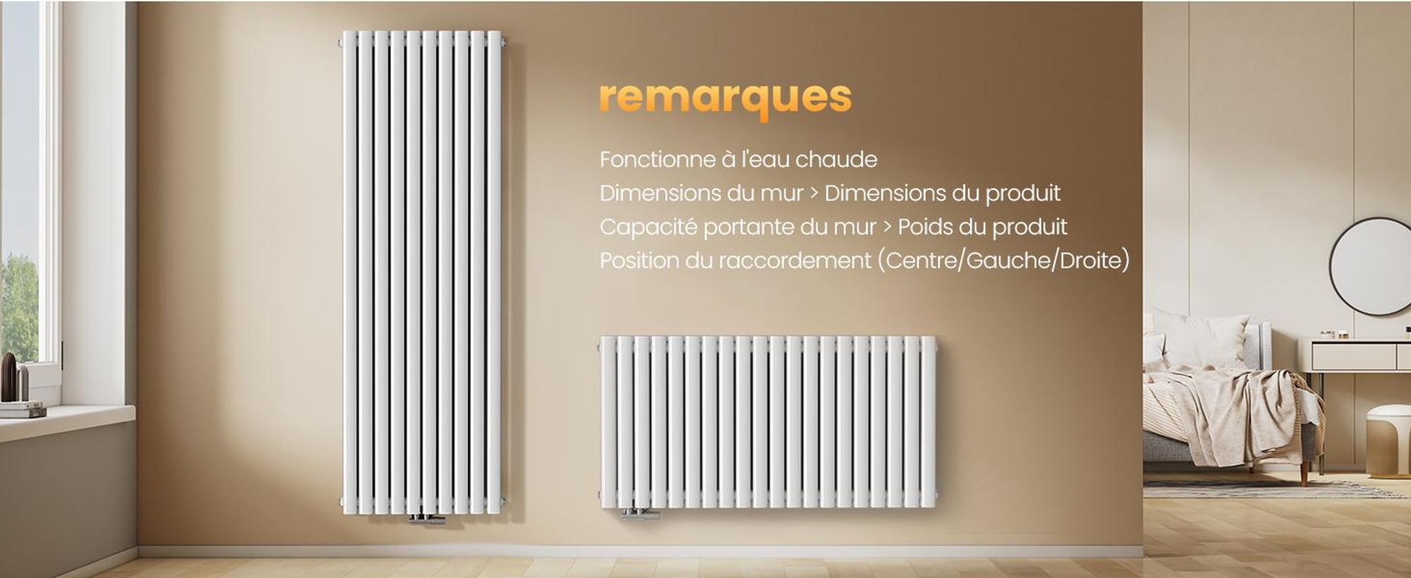 EMKE Radiateur design 1800 x 600 mm Radiateur vertical Blanc Radiateur ovale Raccord central Double couche Chauffage, 2175W sans thermoplongeur