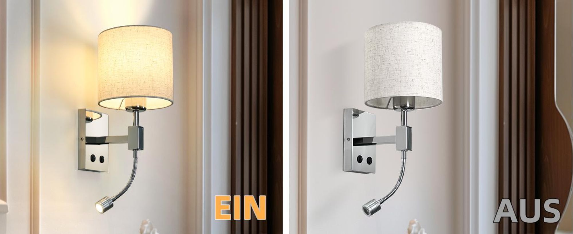 ZMH Nástěnné svítidlo Postelová lampa s vypínačem Čtecí lampa nastavitelná Osvětlení LED vyměnitelné Kulaté