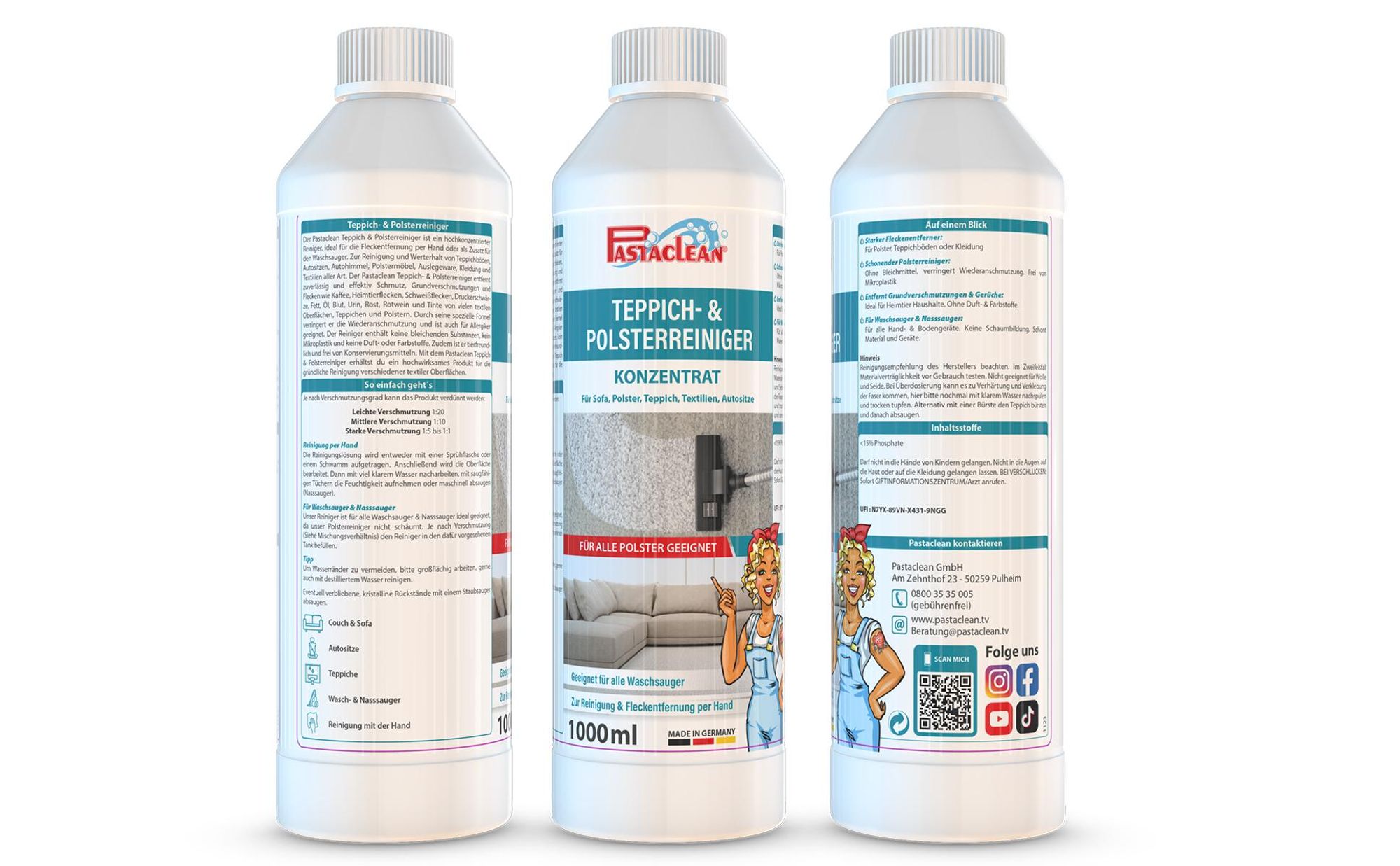 Pastaclean Polster und Teppichreiniger 1L Waschsauger Polsterreiniger Konzentrat für Sofa, Polster, Teppich, Textilreiniger, Autositze uvm.