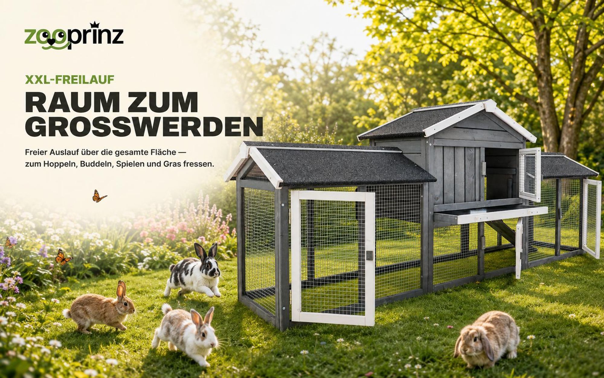 zooprinz Hasenstall Don Camillo | XXL mit Doppelauslauf | 210x85,5x54cm (BxHxT) | Wetterfest | Kiefernholz