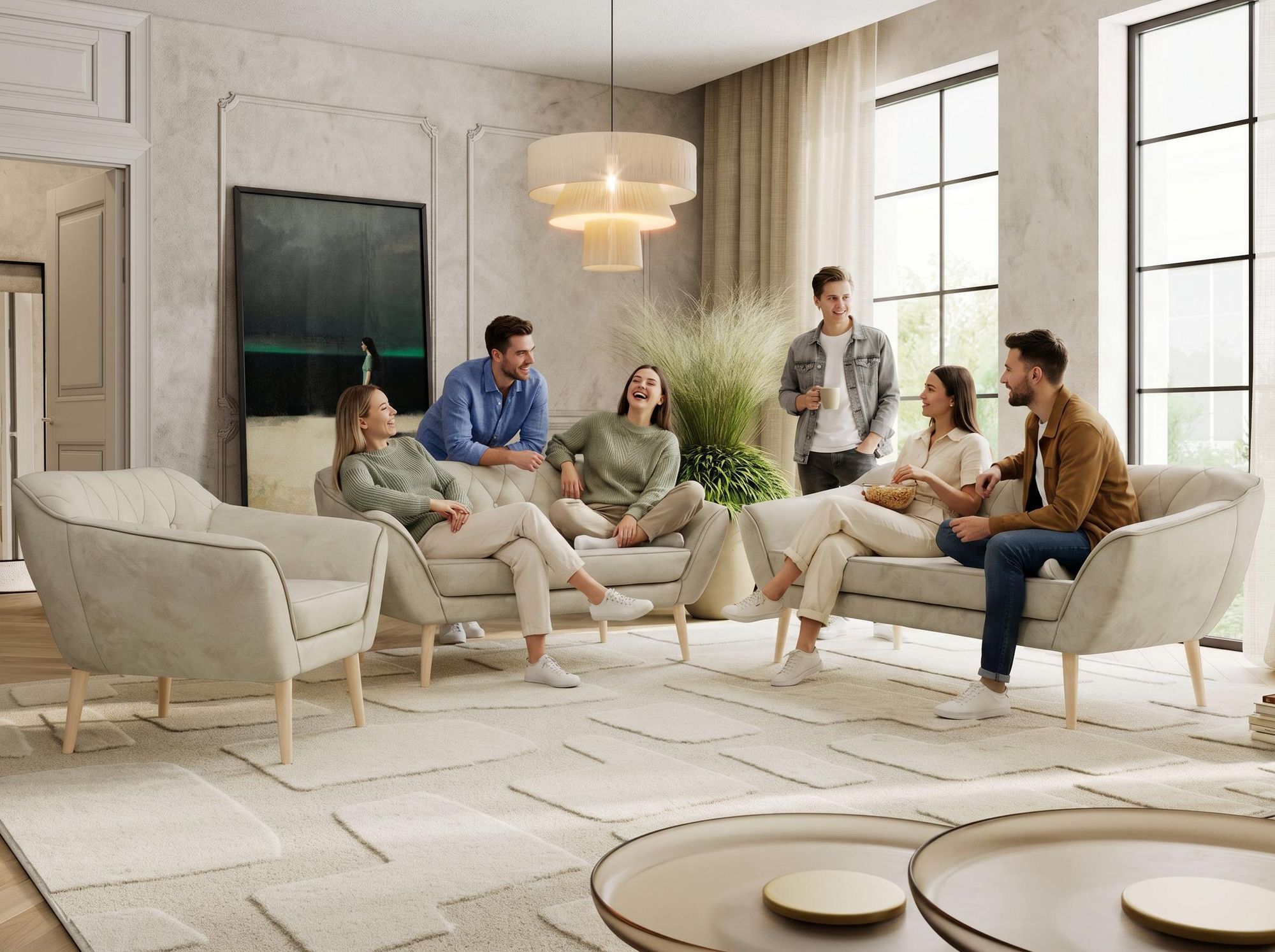 Beige Sofagarnitur mit Sessel im hellen Wohnzimmer.