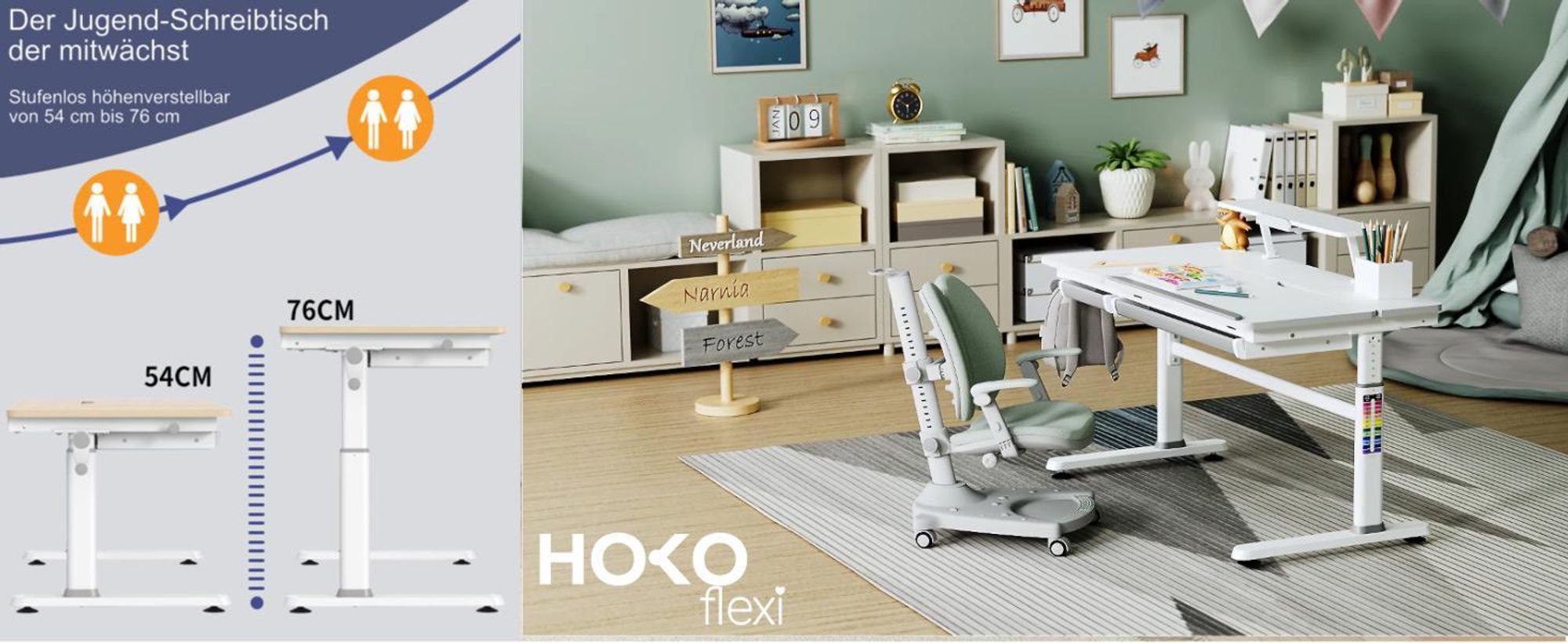 HOKO® Ergo-Study. Manuell höhenverstellbar Kinderschreibtisch mit Schreibtischaufsatz mit Neigung Einstellbarer Tischplatte und Butler mit Buch-Halter