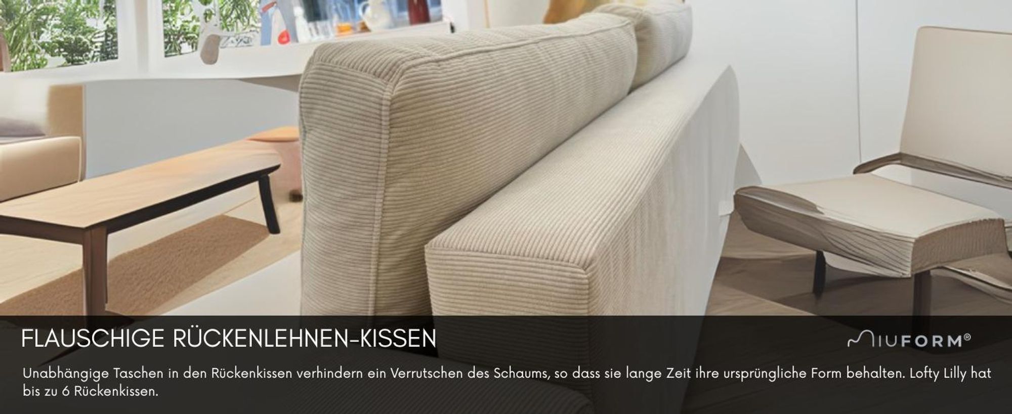 MIUFORM Lofty Lilly - Ecksofa mit Bettfunktion und Bettkasten U-FORM RECHTS - 303 x 197 cm - Beige - Sofa Schlafsofa Couch