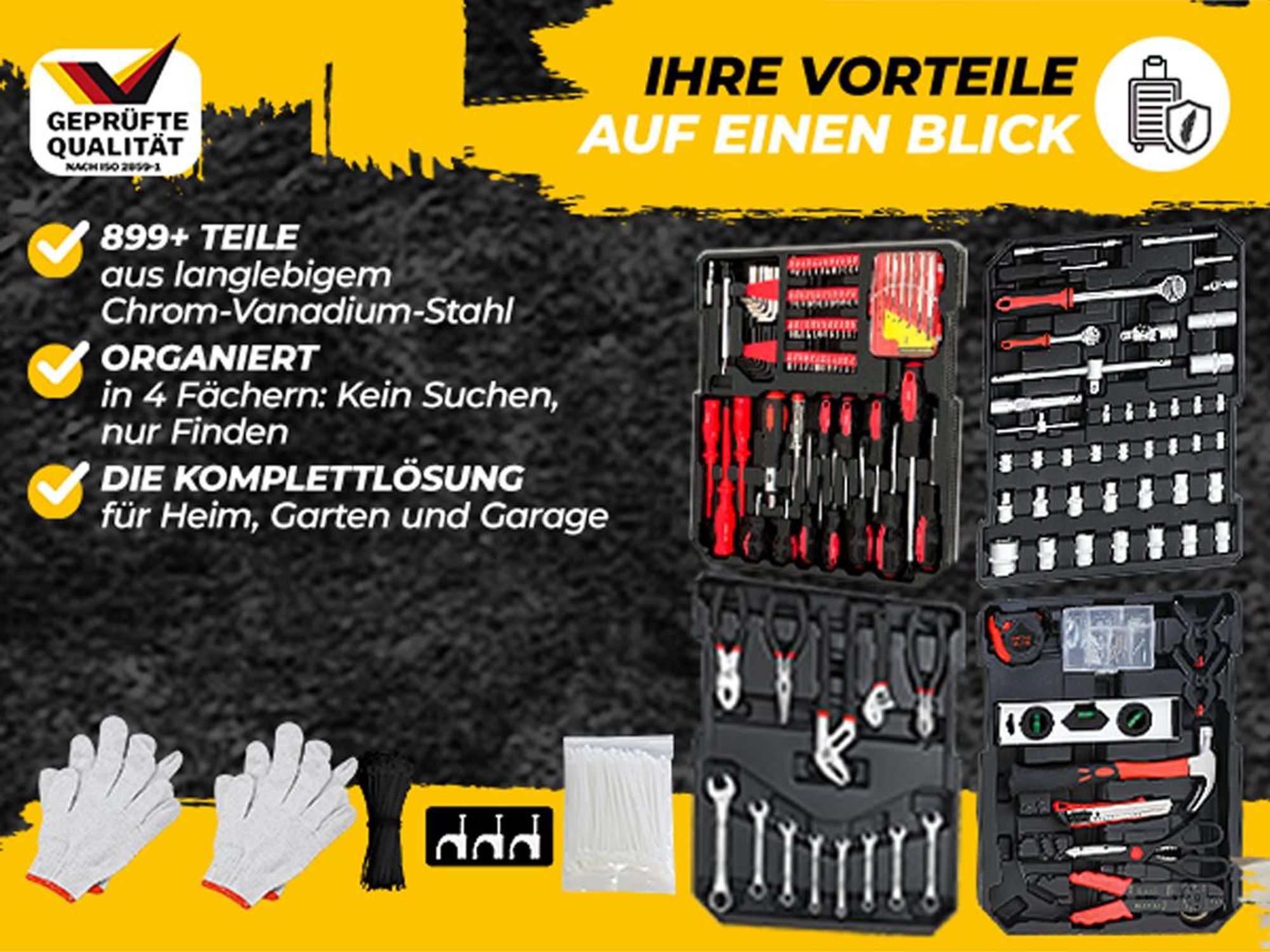 MONZANA® 1050tlg Werkzeugtrolley CrV-Stahl Werkzeugkoffer Aluminiumkoffer mit Rollen Teleskopgriff Abschließbar Qualitätswerkzeug Werkzeugset Anthrazit