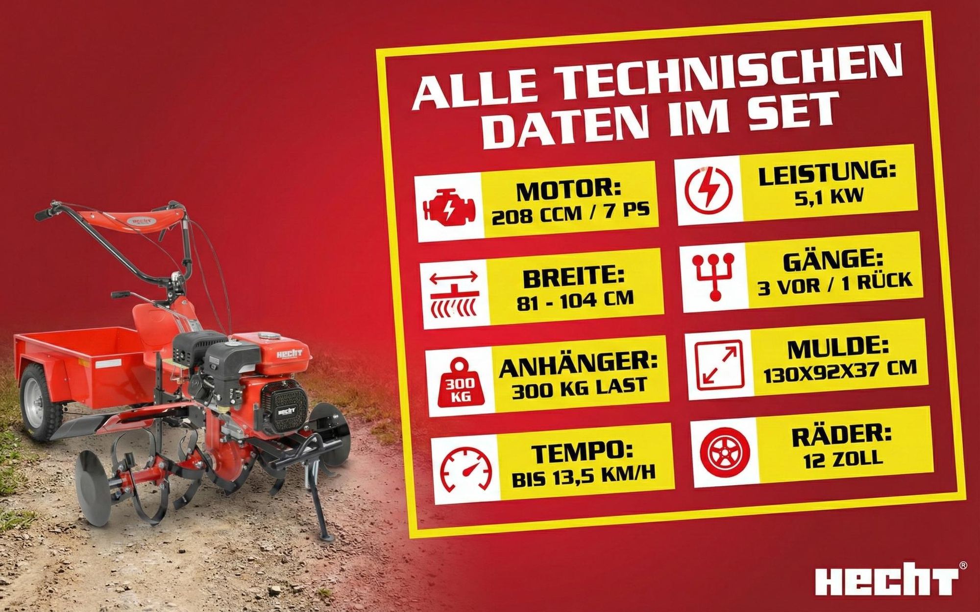 HECHT 7100 Motorhacke Benzin | mit Anhänger | Kupplung | Räder | 104 cm Arbeisbtreite | 7 PS