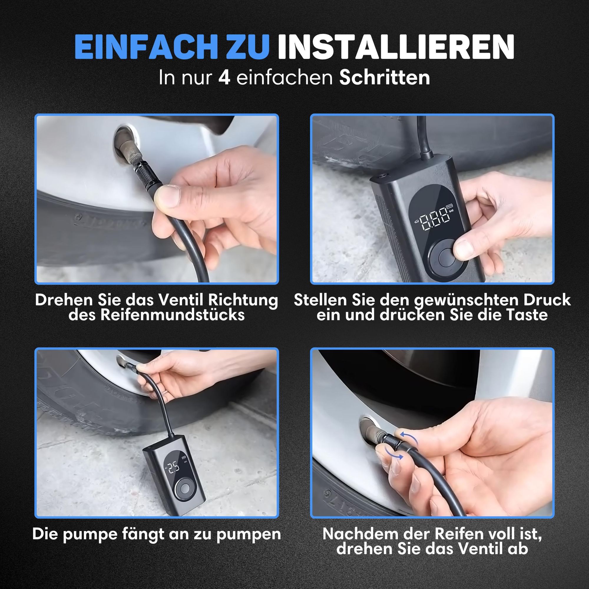 Vulpes Goods Luftkompressor, Tragbarer Kompressor, 6400mAh, Kompressor für Auto, Scooter, Fahrrad, Ball und Luftmatratze, Reisetasche, Mit 7 Aufsätzen