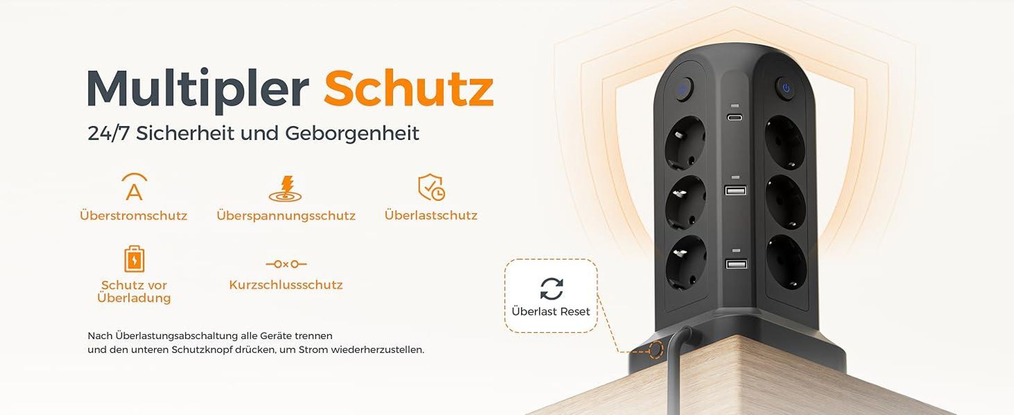 TESSAN 12 Fach Mehrfachsteckdose mit 6 USB(4 USB-A/2 USB-C) Kabel 2m Mehrfachsteckdose