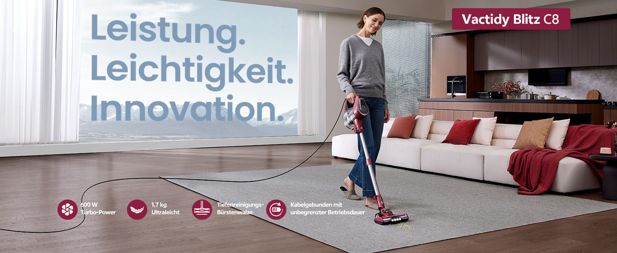 Vactidy C8 Staubsauger mit Kabel 7m/60kPa/600W Handstaubsauger 1,5L Beutelloser Staubbehälter, Antiverhedderungs-Bürste für Böden Teppiche Tierhaare