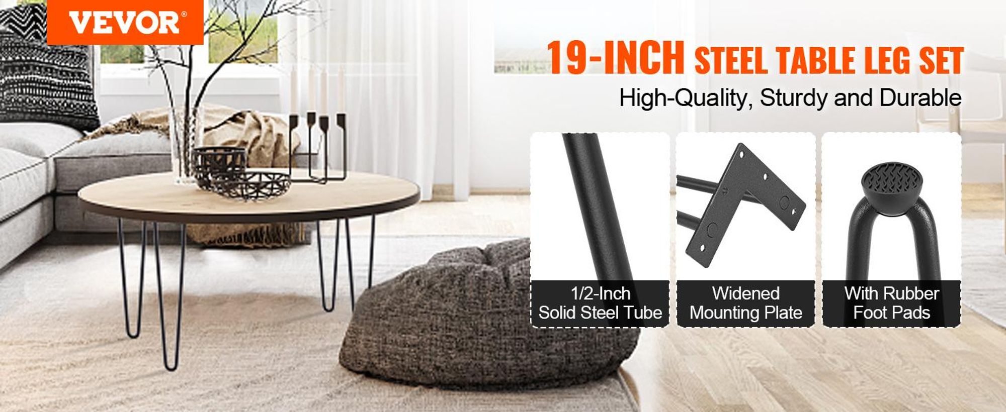 VEVOR 4er-Set Tischbeine Haarnadelbein 482mm hoch 110x110mm Montageplatte Kohlenstoffstahl Pulverbeschichtet Hairpinlegs 227kg Tragfähigkeit Ideal für Küchentische Wohnzimmerkonsolen Studio-Tische