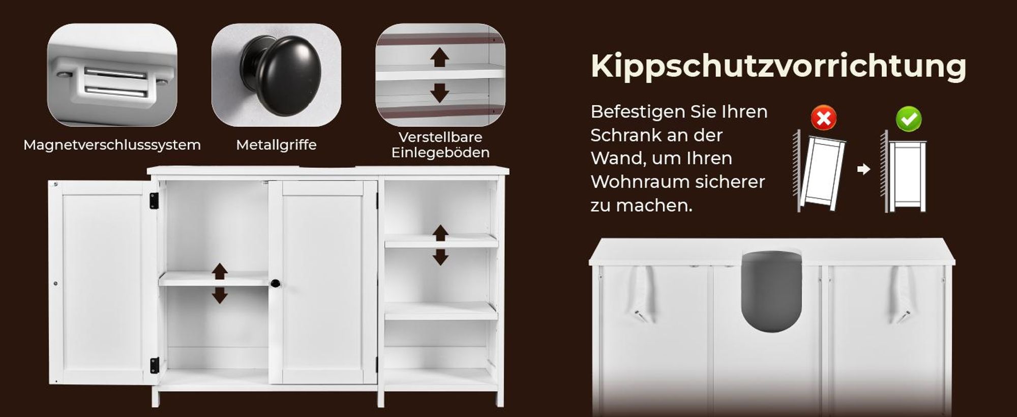 FCH Waschbeckenunterschrank mit 2 Türen und 3 offenen Fächern, Badezimmerschrank, 90x30x60,5cm, Weiß