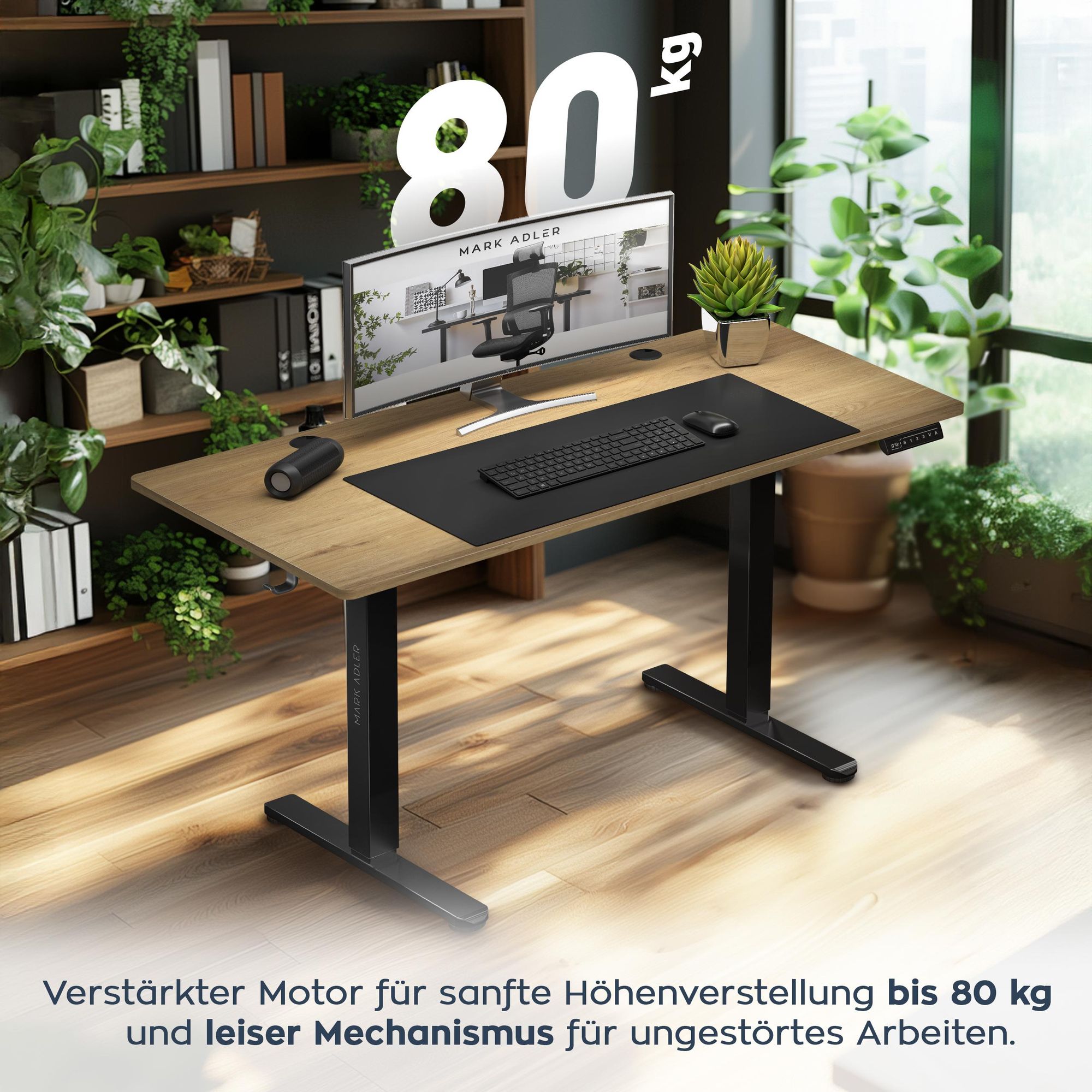 MARK ADLER Leader 7.0 | Höhenverstellbarer Schreibtisch Elektrisch Bürotisch Stehtisch | 120x60 cm | 3 Memory-Steuerung | Memoboard | Schwarz Eiche
