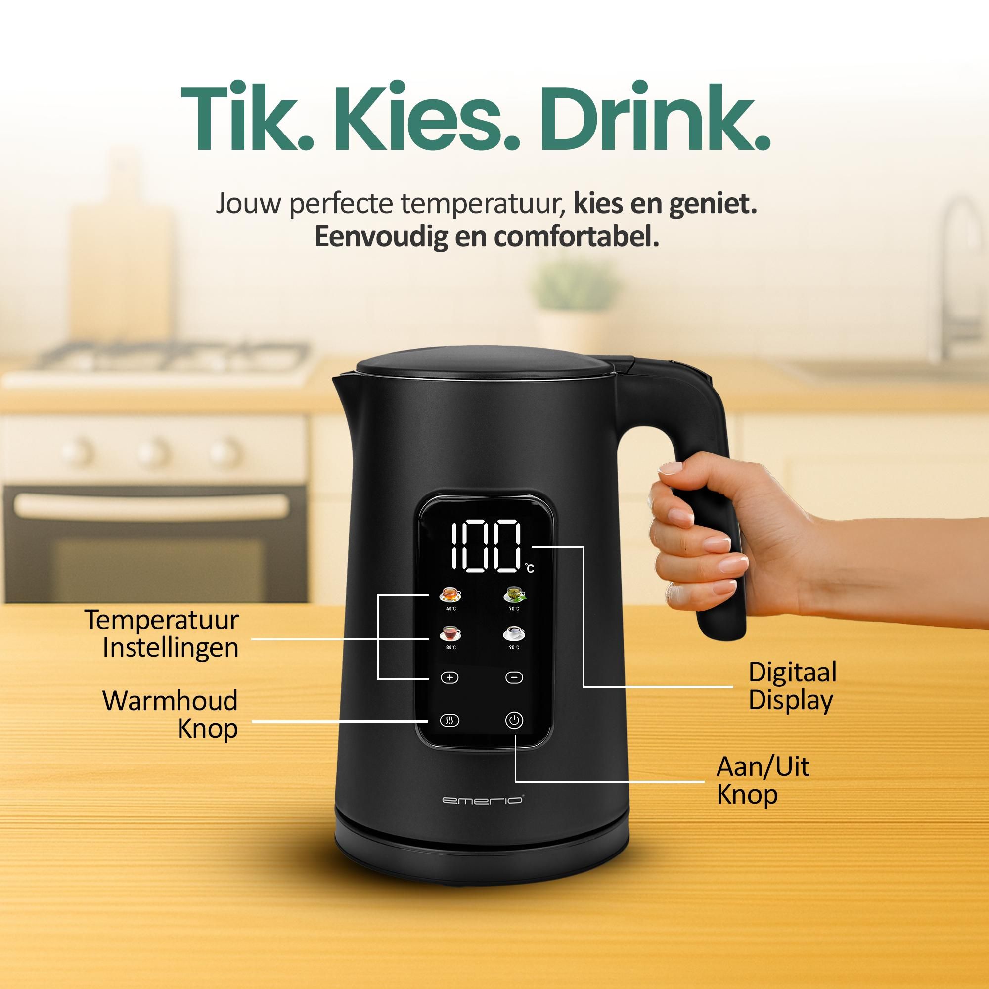 Emerio Waterkoker WK-132229 – 1,7 Liter – 2200 W – Instelbare Temperatuur – Touchbediening – 360° Draaibaar – Warmhoudfunctie – Zwart