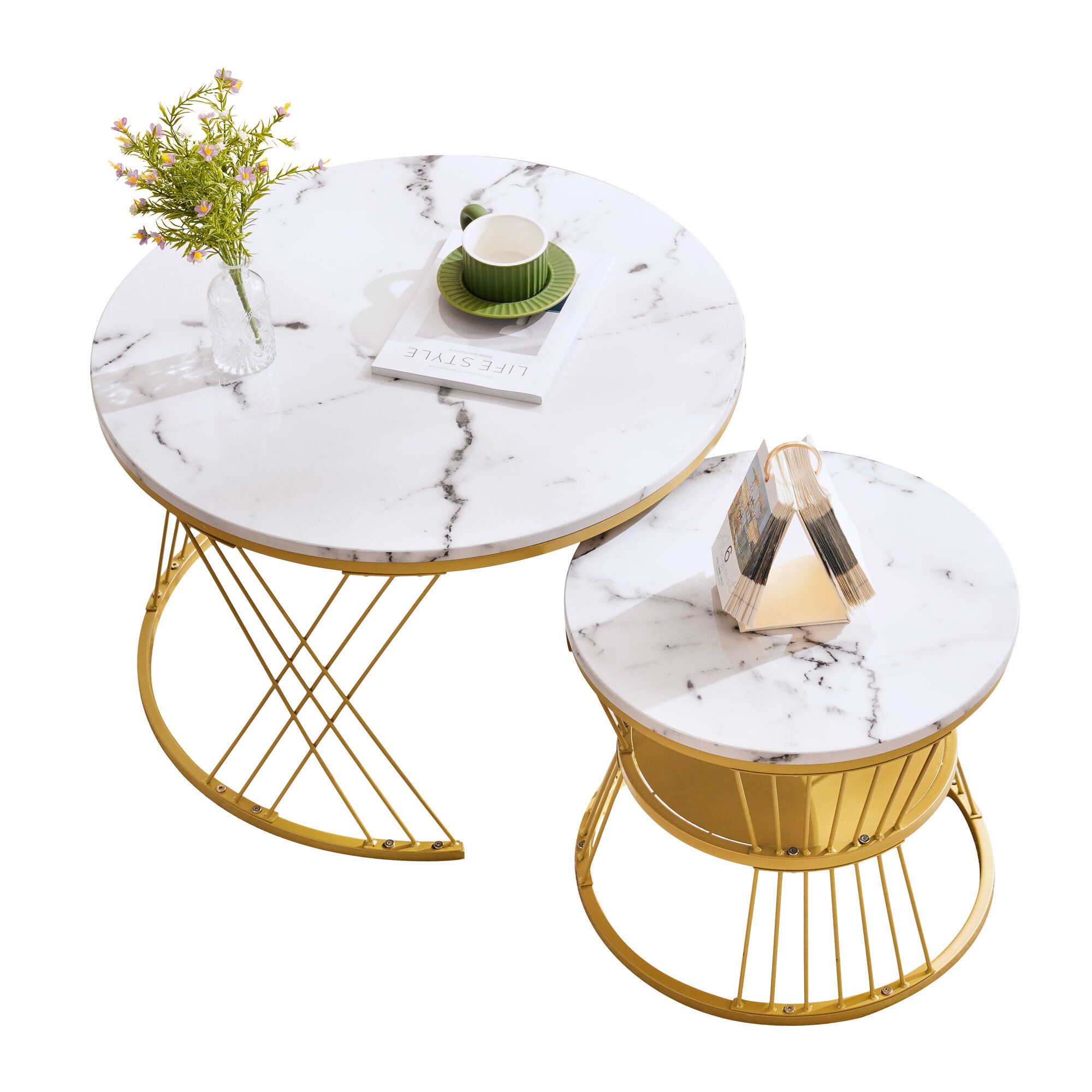 Merax 2er Set Couchtisch hochglanz Wohnzimmertisch mit Metallrahmen, Satztisch Sofatisch in Marmoroptik, Beistelltisch Rund Modern, Weiß