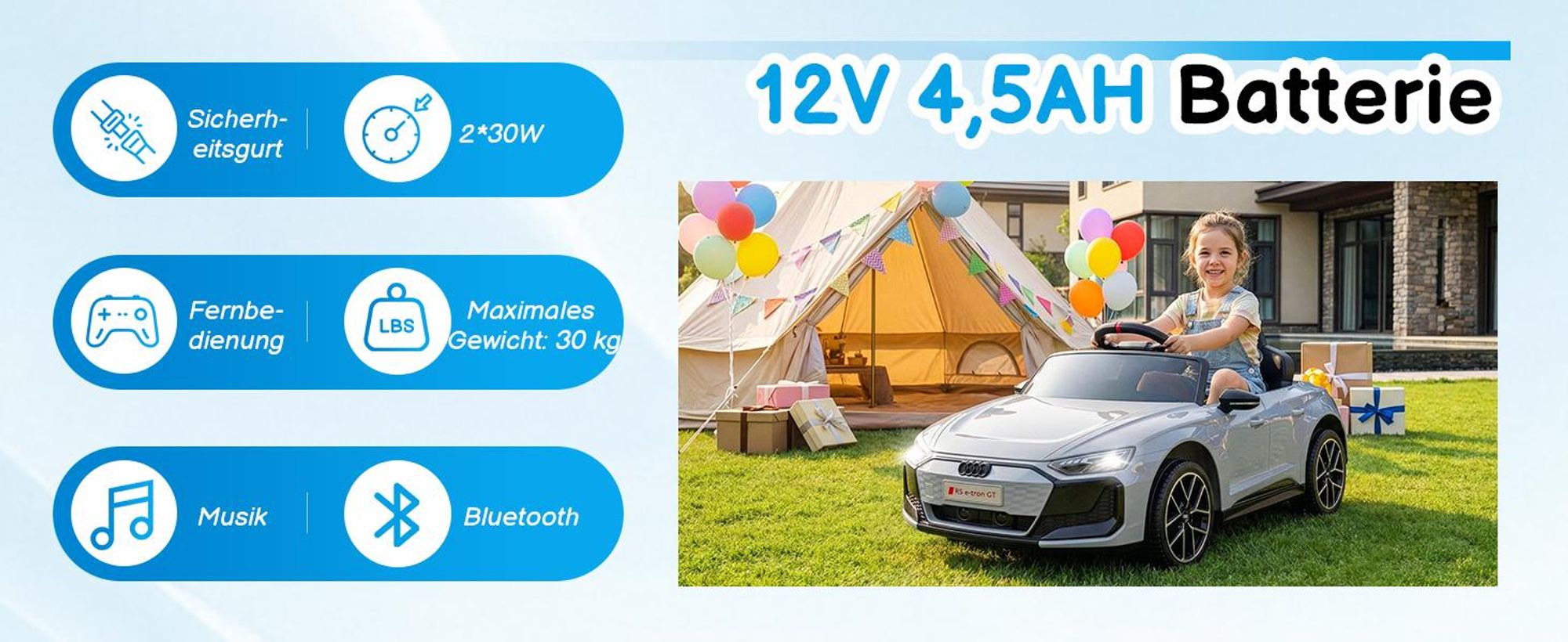 Kinder-Elektroauto 12V 4,5Ah, 2 Geschwindigkeitsstufen, 2,4G-Fernbedienung, geeignet für Kinder von 3 bis 5 Jahren, Audi RS e-tron GT, Hellgrau