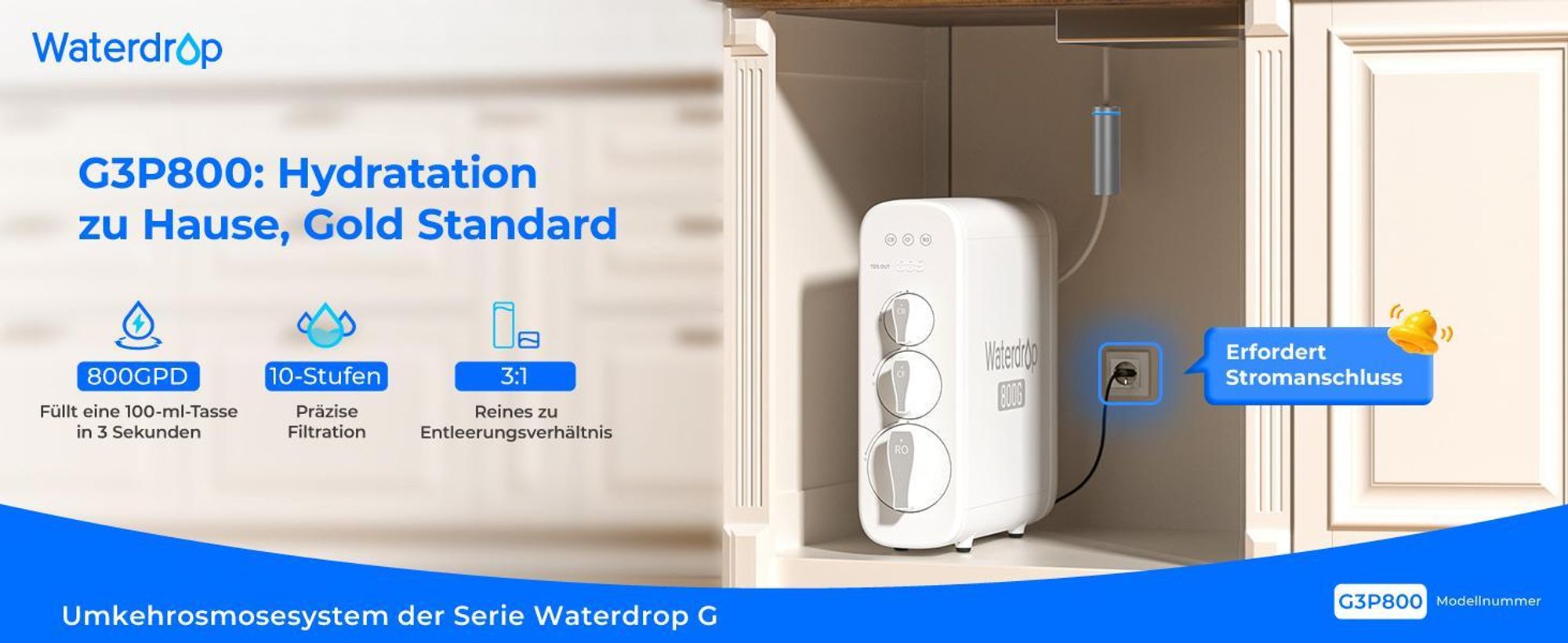 Waterdrop Umkehrosmose-System, 800 GPD, TDS-Reduktion, keine verkalkten Küchengeräte mehr, RO ohne Tank, Umkehrosmose-Wasserfilter-System