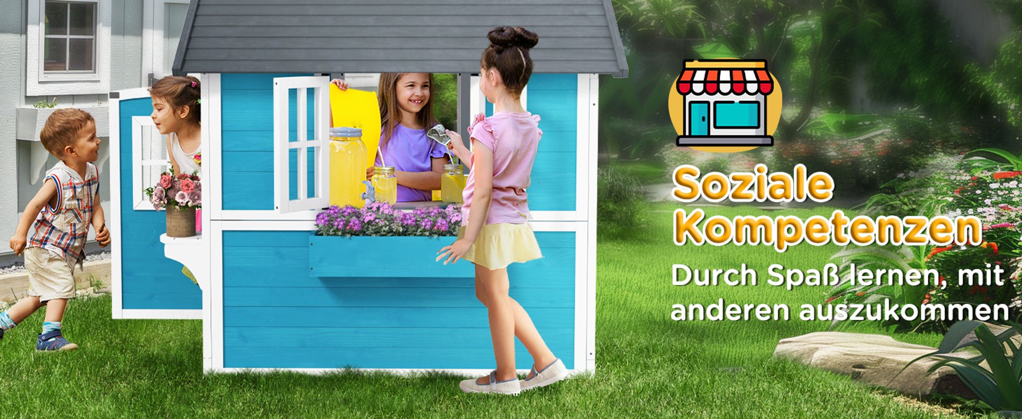 Outsunny Kinderspielhaus aus Holz mit Fenster Blumenregal Pflanzenkasten und Tür