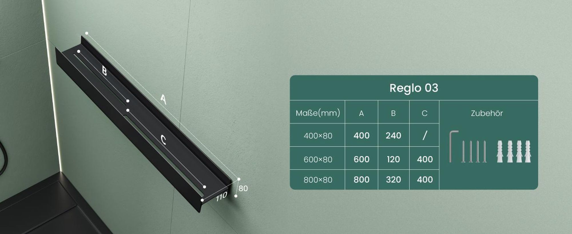Mai & Mai Duschablage zum Bohren oder Kleben Duschregal Badablage 40cm Badezimmerablage zur Wandmontage Badezimmer Organizer Matt weiß Reglo-03