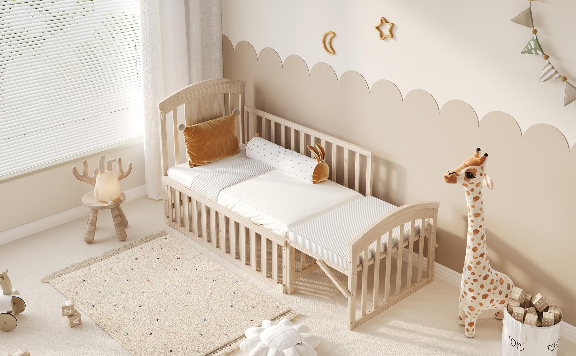 Merax Babybett 60x(120-160)cm, Verlängerbar Gitterbett, mit Klappbarem Ablagerack, Höhenverstellbar Kinderbett, Umwandelbar in Nebenbett, Natur