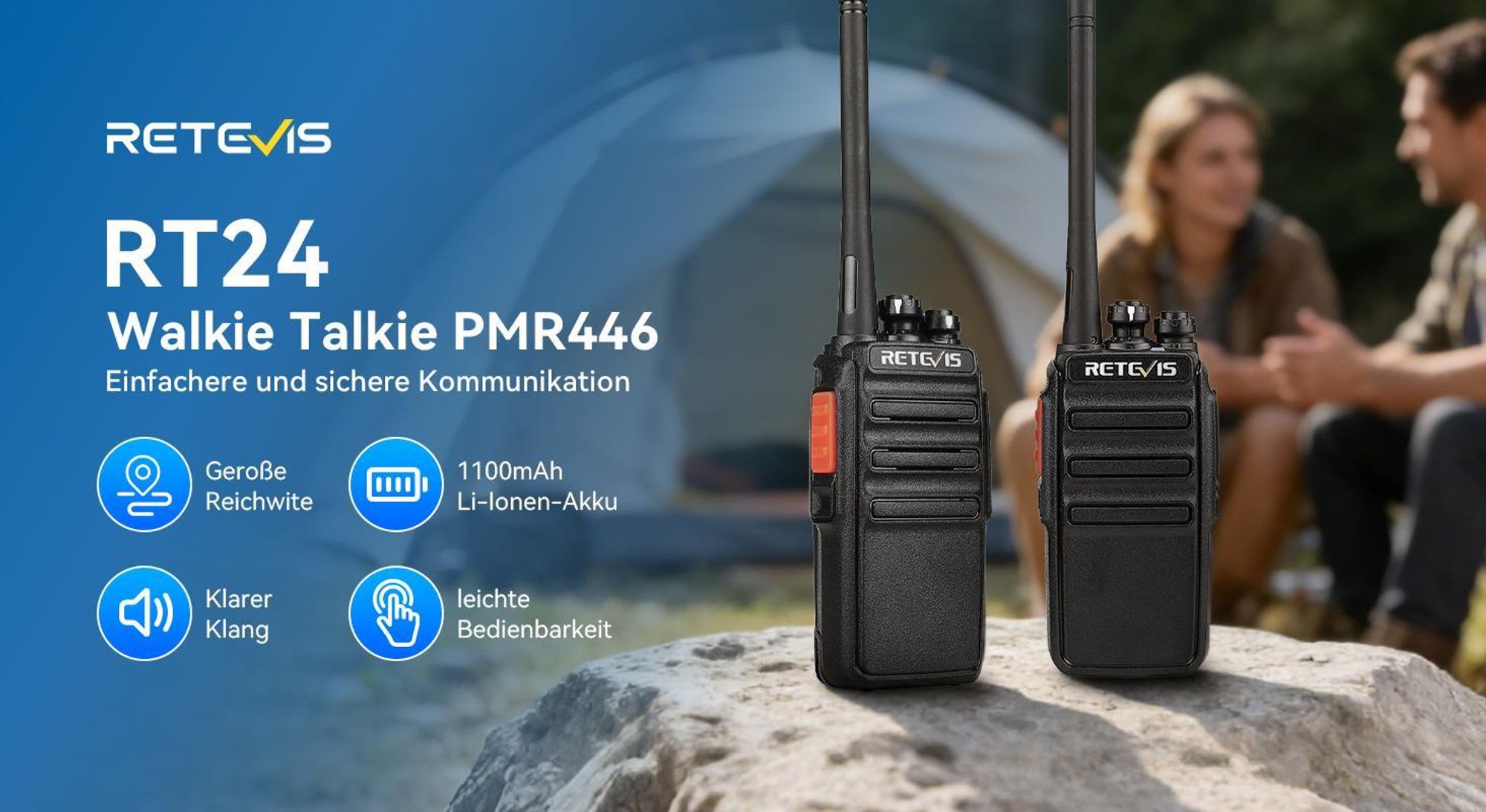 Retevis RT24 Walkie Talkie PMR446 Lizenzfreies, Professionelles Funkgeräte mit Großer Reichweite, mit Headset USB-Ladegerät, für Schule, Radfahren