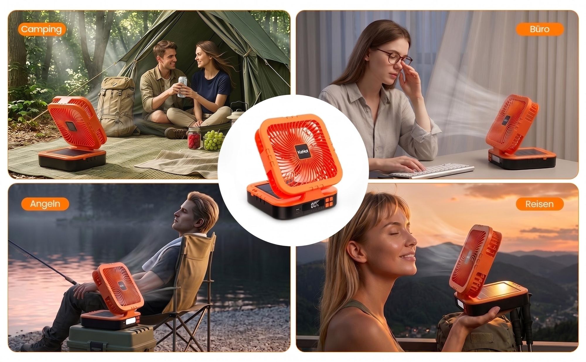Kehot Solar Campingventilator mit LED Licht, USB-C & Solarladung, 4000mAh Akku, 90° Oszillation, 4 Windstufen, Powerbank, Faltbarer Outdoor Ventilator