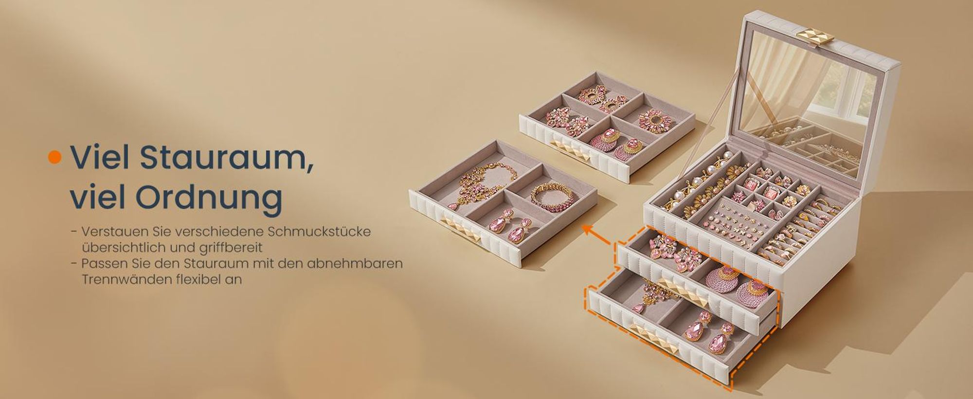 SONGMICS HOME ANAH Kollektion - Schmuckkästchen 3 Ebenen, Spiegel, 2 Schubladen