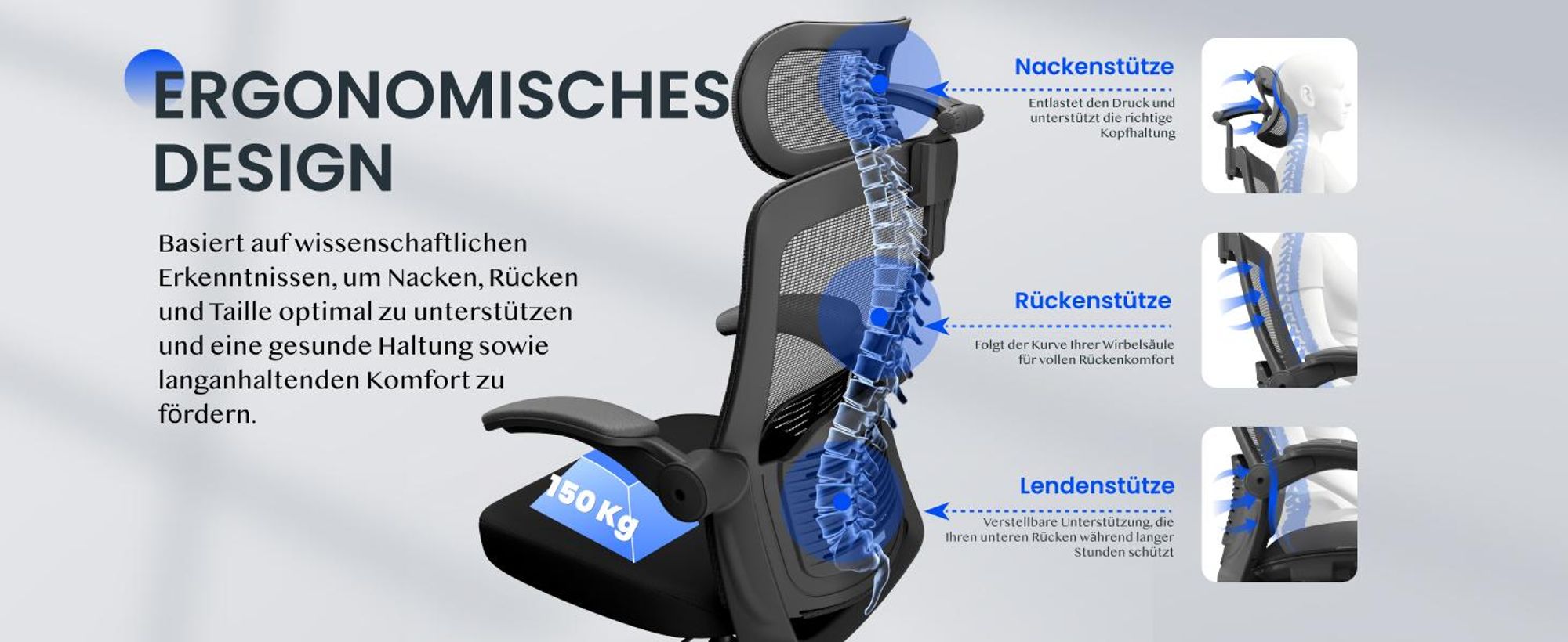 FLEXISPOT Ergonomischer Bürostuhl, 3D-Kopfstütze, verstellbare Rückenlehne, klappbare Armlehnen, Mesh-Sitz, 135° Neigung, 150 kg Belastbarkeit Schwarz
