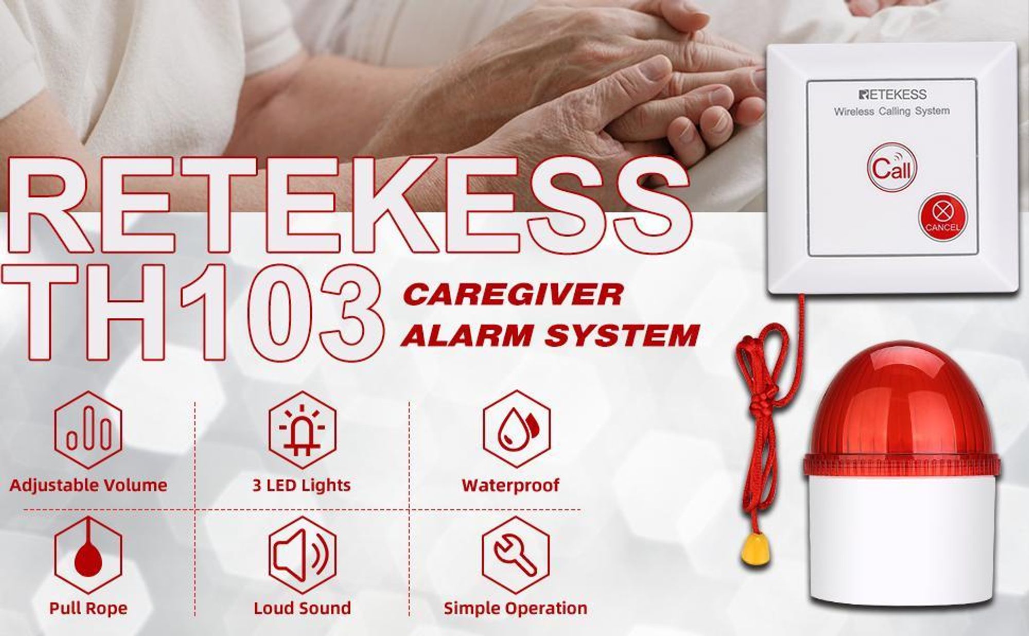 Retekess TH103 Domowy system alarmowy, wodoodporny przycisk alarmowy z kablem SOS, przycisk alarmowy dla seniorów