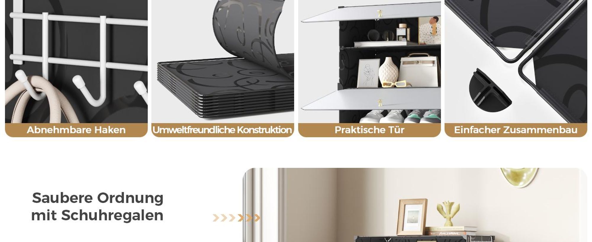 Mondeer Aufbewahrungsschrank aus PP, 6 Fächer Schuhschrank mit Haken für 18 Paar Schuhe, höhenverstellbar, für Flur & Wohnzimmer Schwarz