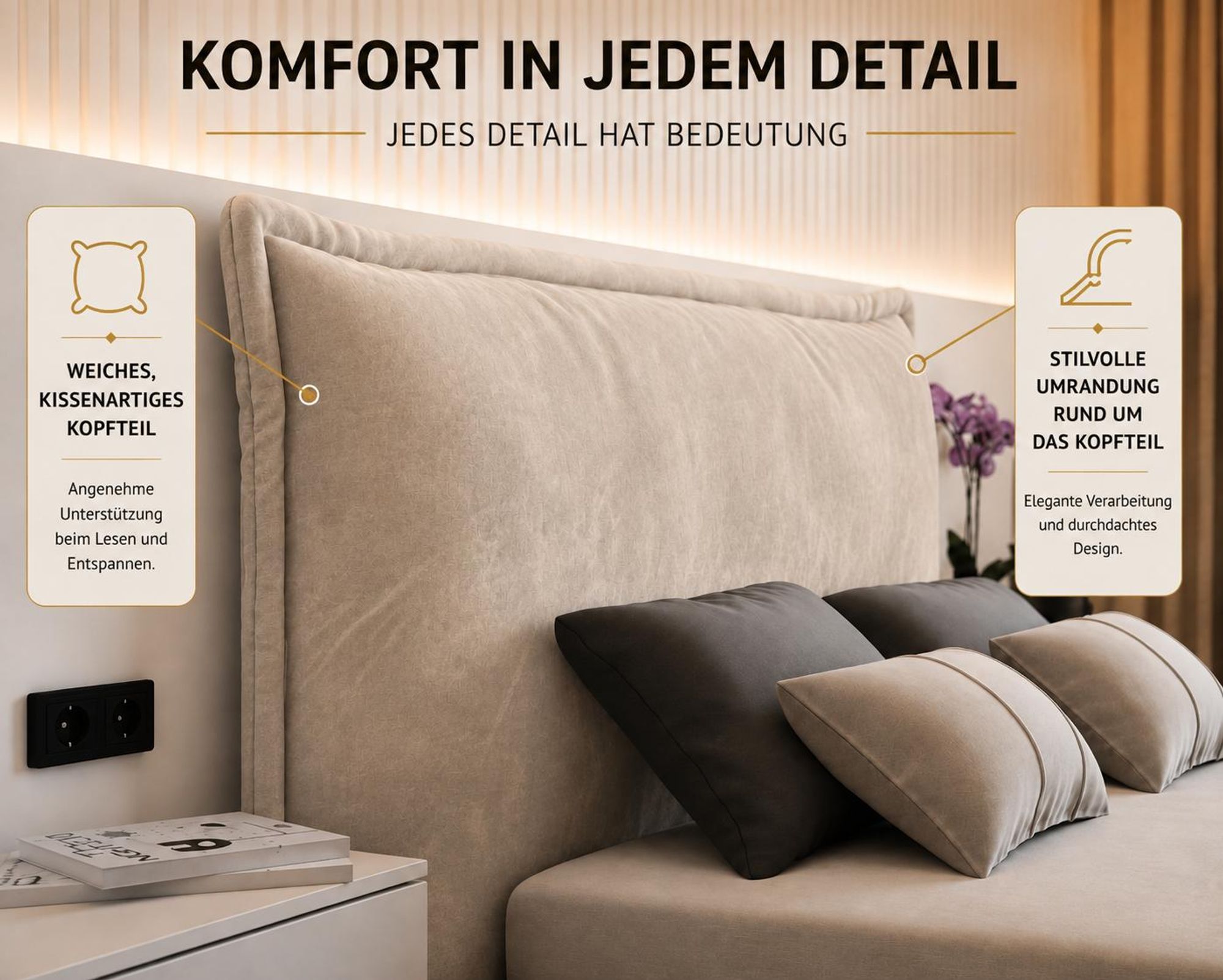 VALLH Polsterbett Bett 200x200 mit bettkasten Beige Samt - Kissenkopfteil mit lattenrost (Sofia Piano 17)