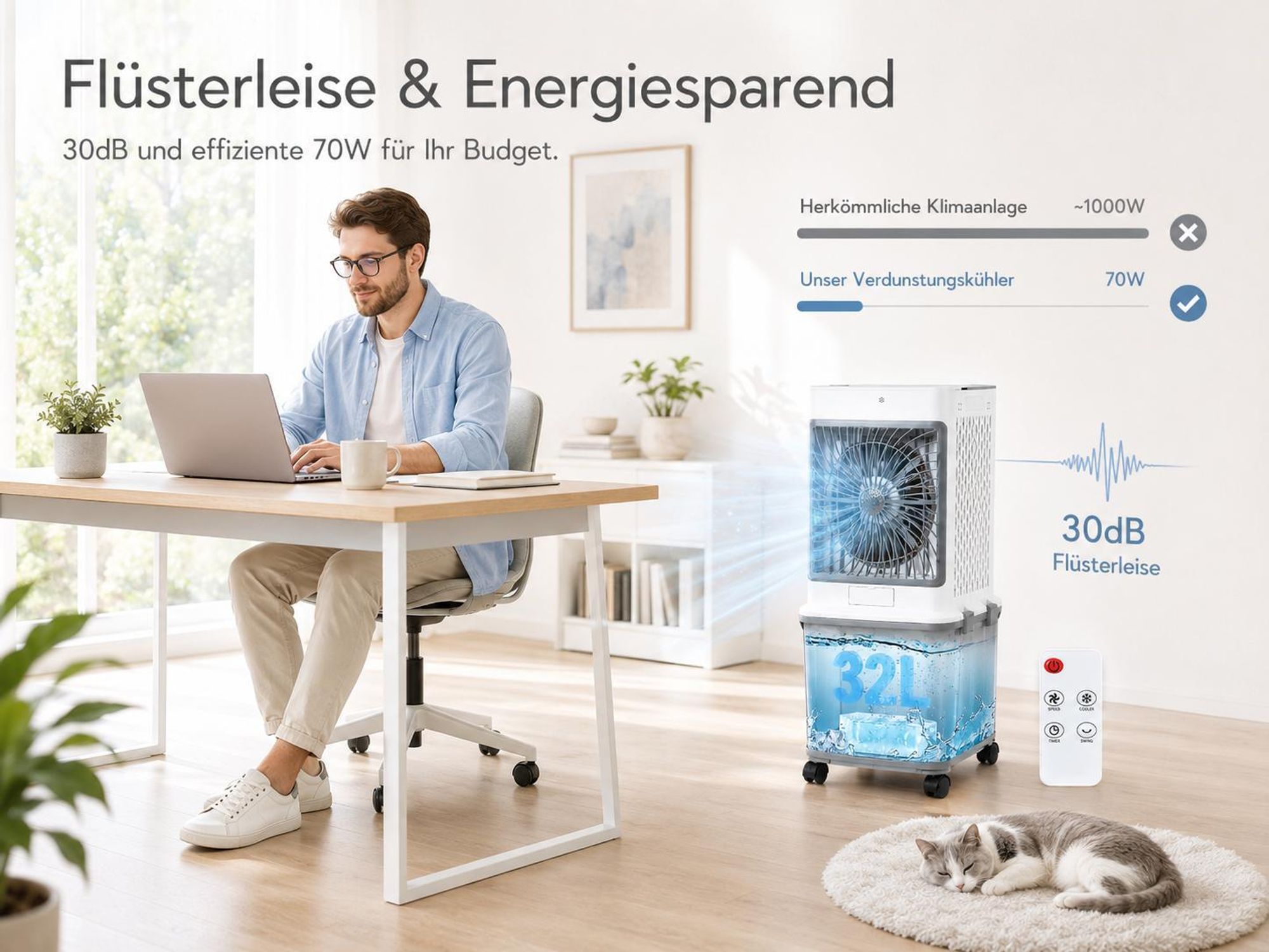 32L Klimagerät Mobil Ohne Abluftschlauch 70W Klimaanlage mit 4 Eisboxen 30H Laufzeit 30dB Leise Ventilator Mit Wasserkühlung Wohnung Zimmer Räume 85cm