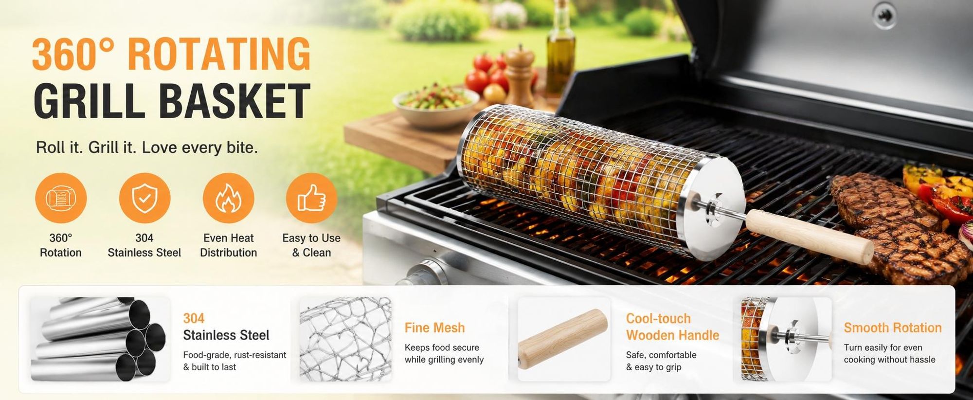 Nestbar Rollender Grillkorb,Abnehmbarer Wärmedämmung Holzgriff,Edelstahl 304,24x10cm,Campingausrüstung und Sonstiges Grillzubehor,für Gasgrill,Elektro