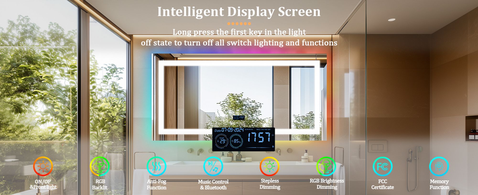WISFOR LED Badspiegel mit Bluetooth Lautsprecher, 120×60cm RGB Wandspiegel Badezimmerspiegel mit Beleuchtung dimmbar Beschlagfrei Touchschalter