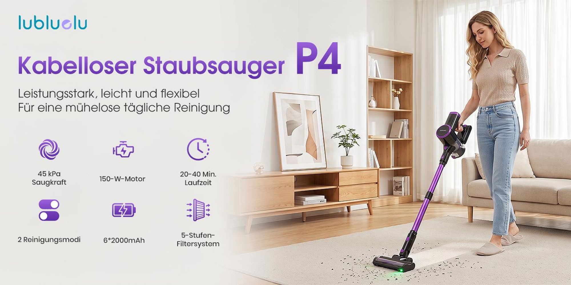 Lubluelu Akku-Staubsauger P4, 45000Pa Kabelloser Staubsauger mit Anti-Haar-Verwicklungsbürste & Grüner Beleuchtung, Für Tierhaare, Teppiche und Hartbö