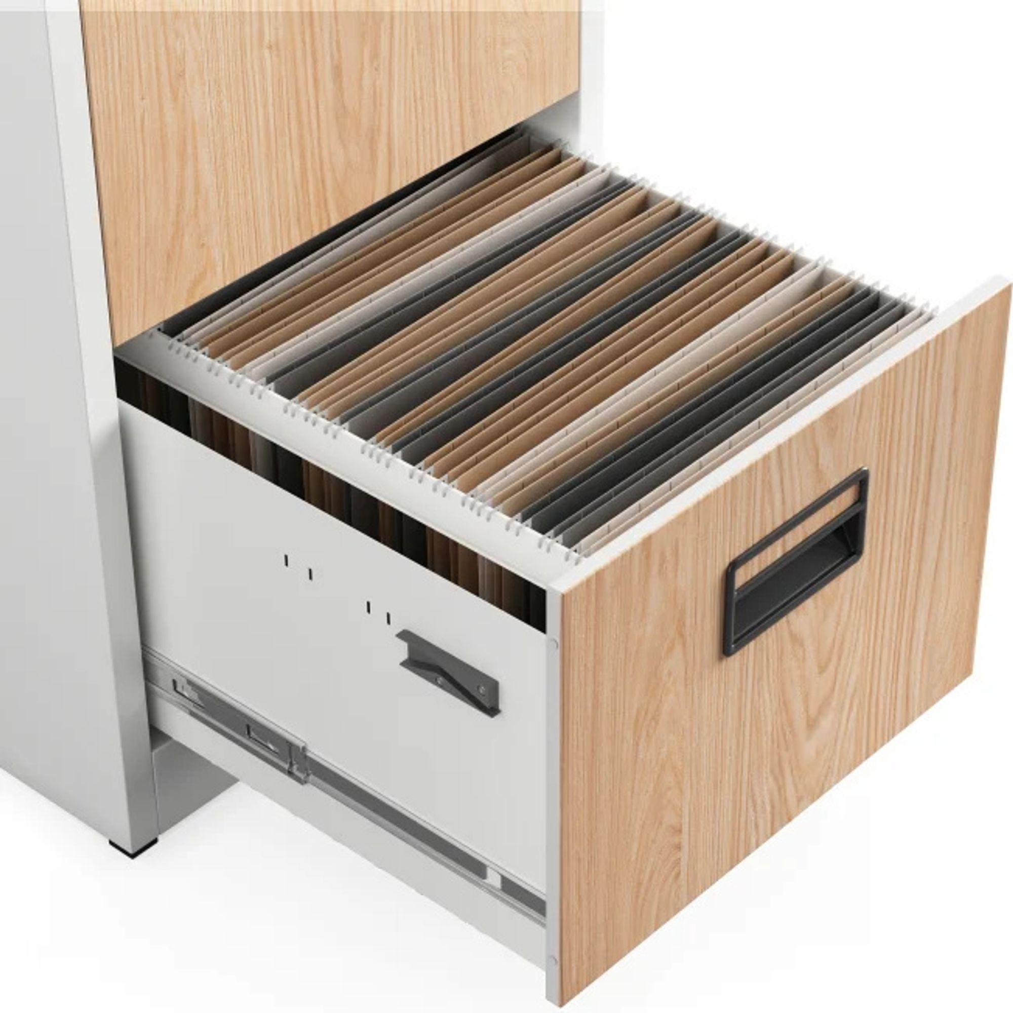 Hängeregistraturschrank V004A Hängemappenschrank Hängeregisterschrank Aktenschrank mit 4 Schubladen Pulverbeschichtung Stahlblech 132 cm x 46 cm x 62 cm (H x B x T) Farbe: Weiß-Holzoptik