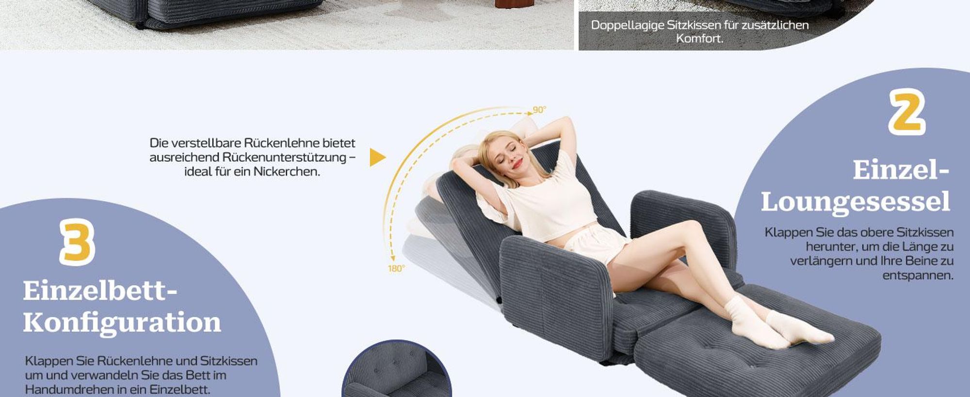 Bodenhohes Sofa,- mit Schlaffunktion, erhältlich in verschiedenen Farben, moderner Cordstoff, Dunkelgrau