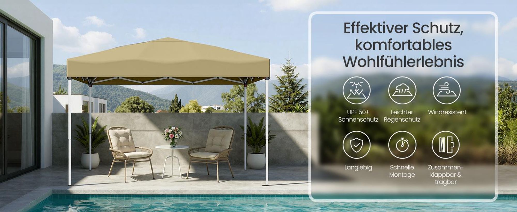SONGMICS Faltzelt 3 x 3 m, stabil, tragbar, Pavillon für Garten, Hof, Markt, Sonnenschutz, beige