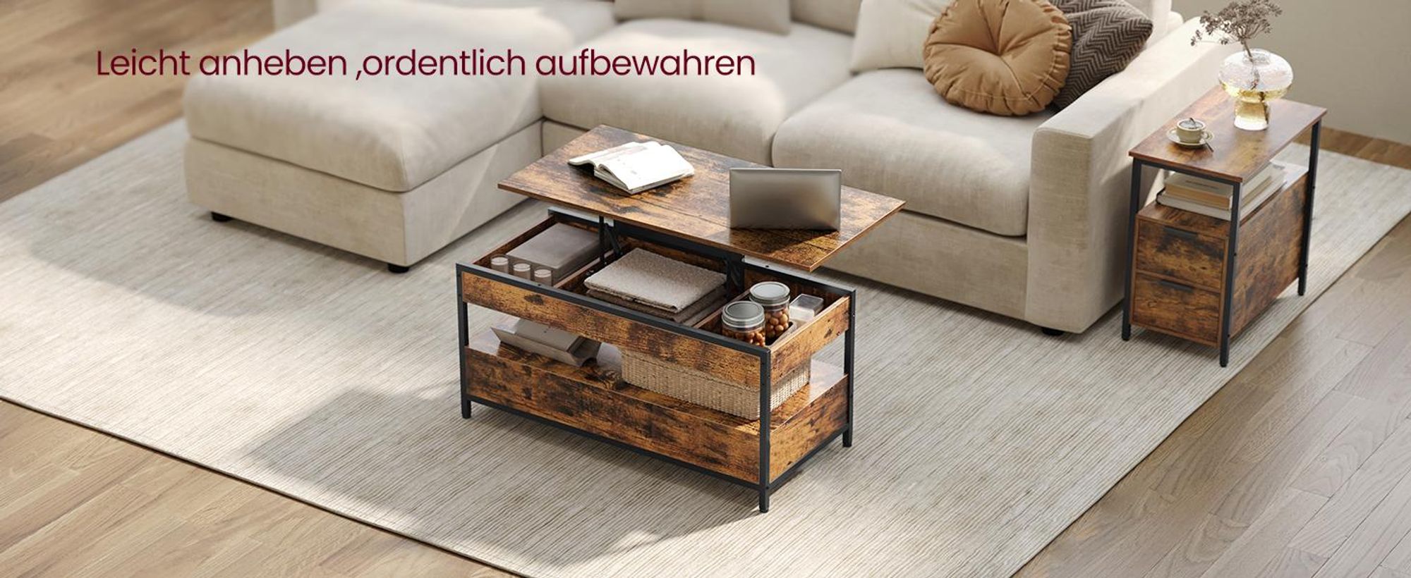 VASAGLE Couchtisch, höhenverstellbarer Wohnzimmertisch, 50 x 100 x (48-63) cm
