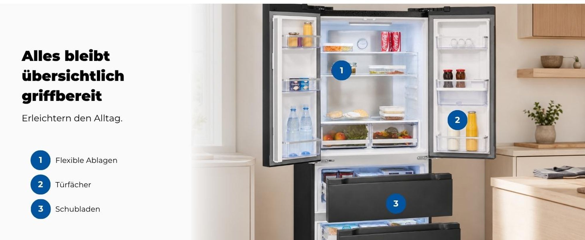 Exquisit Frenchdoor-Kühlschrank, 506 L, Kombigerät, 2-in-1, Kühl- und Gefrierteil, No-Frost, Wasserspender, inoxlook, FD5490-160-WS-202E inoxlook-az